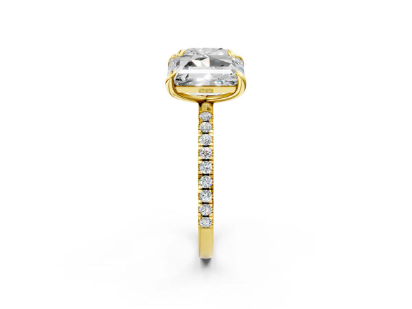 Yellow gold Cushion and Emerald Toi Moi Ring with Prong Setting and Micro Pave Band