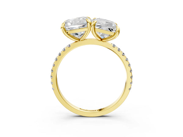 Yellow gold Cushion and Emerald Toi Moi Ring with Prong Setting and Micro Pave Band