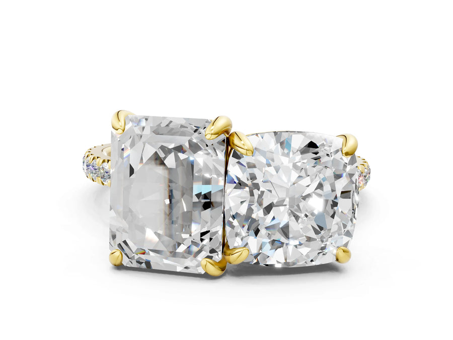 Yellow gold Cushion and Emerald Toi Moi Ring with Prong Setting and Micro Pave Band