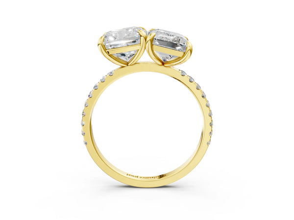 Yellow Gold Cushion Cut and Emerald Cut Lab-Grown Diamond Toi et Moi Ring