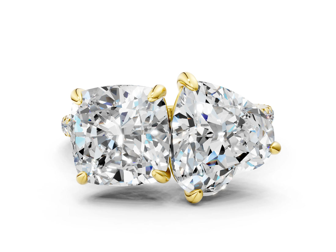 Yellow gold Cushion and Heart Toi Moi Ring with Prong Setting and Micro Pave Band