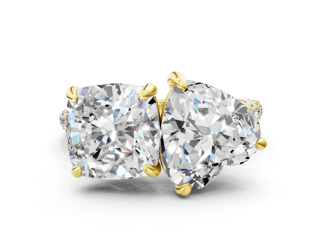 Yellow gold Cushion and Heart Toi Moi Ring with Prong Setting and Pave Band
