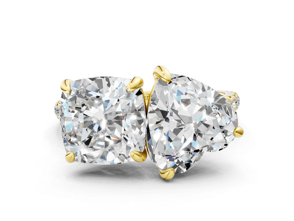 Yellow Gold Cushion Cut and Heart Laboratory-Grown Diamond Toi et Moi Engagement Ring
