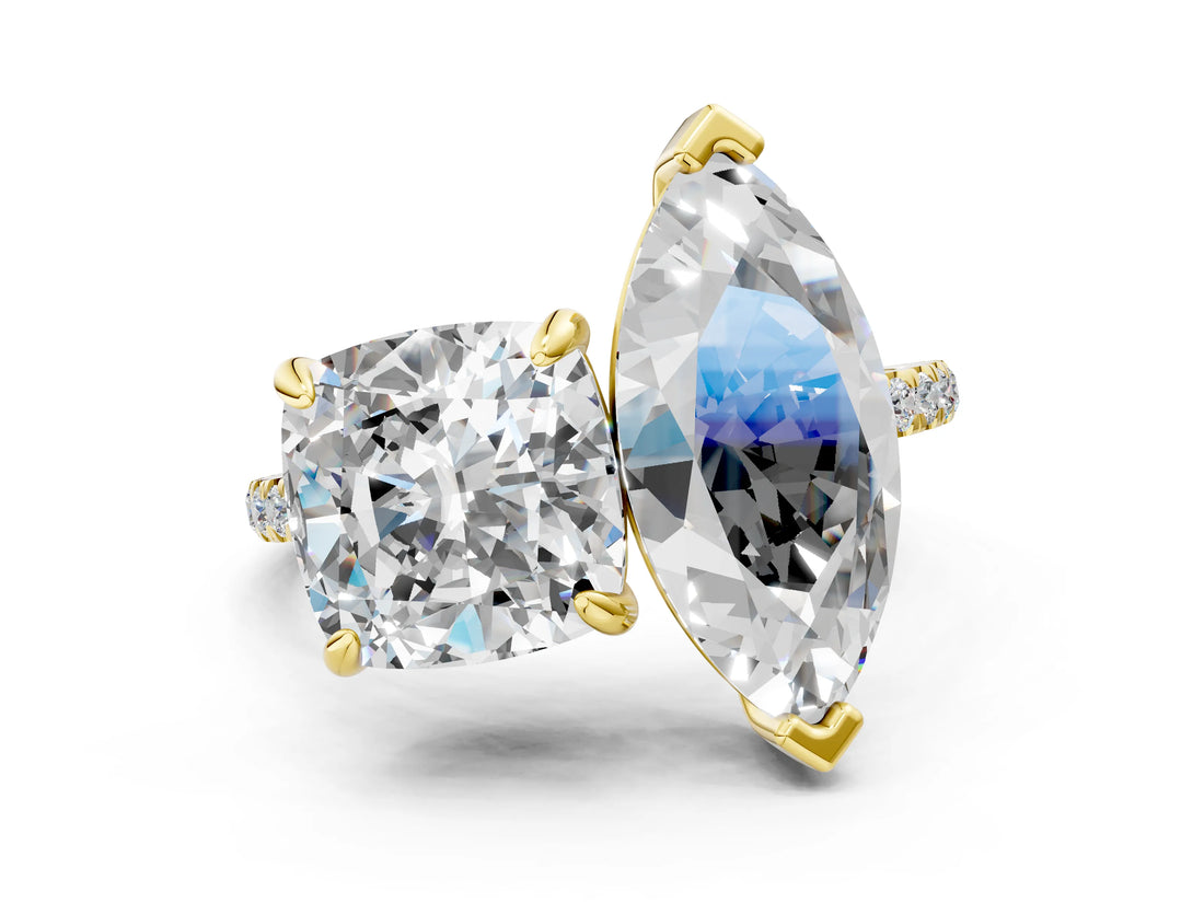 Yellow gold Cushion and Marquise Toi Moi Ring with Prong Setting and Pave Band_69