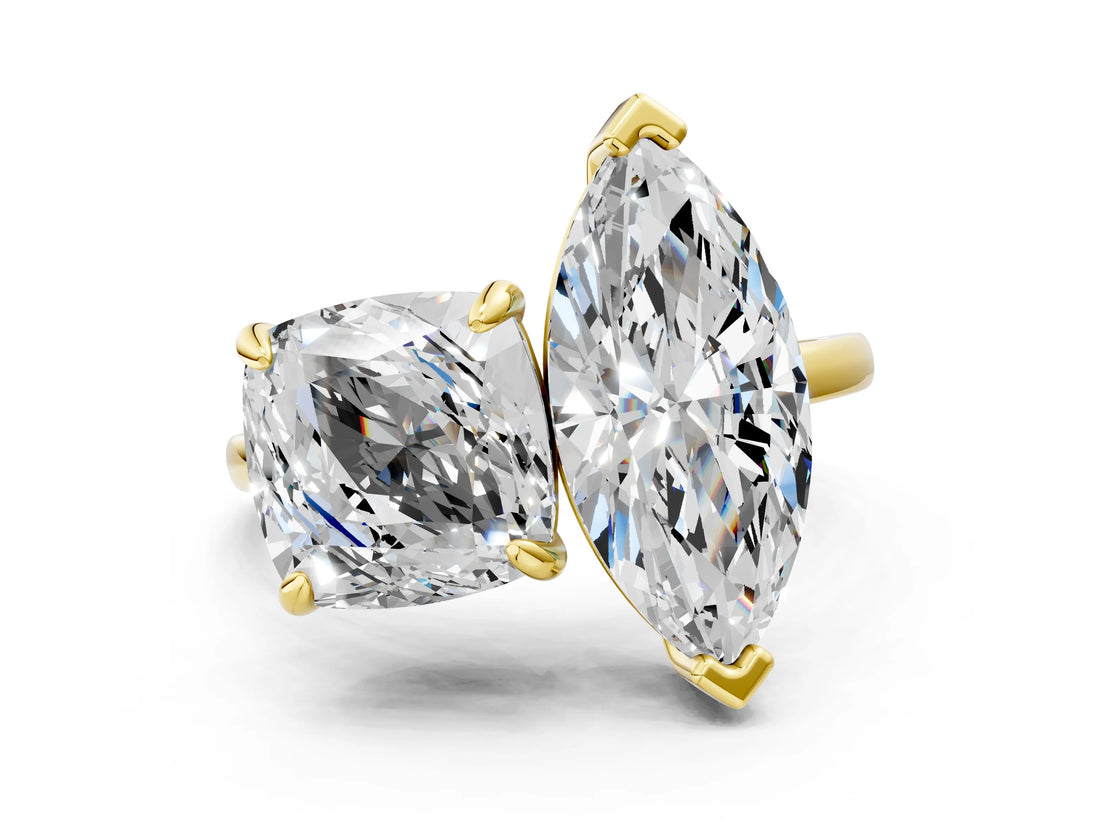 Yellow gold Cushion and Marquise Toi Moi Ring with Prong Setting and Plain Band