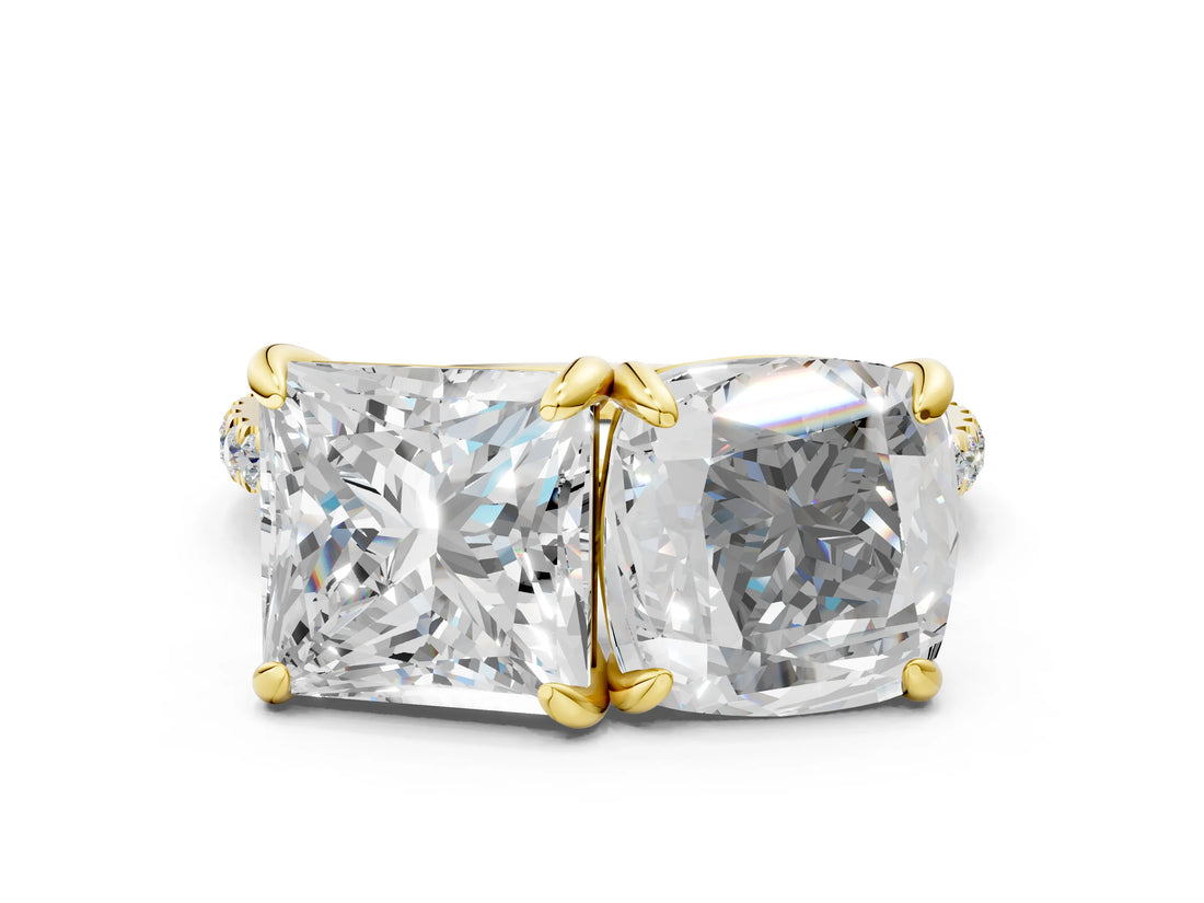Yellow gold Cushion and Princess Toi Moi Ring with Prong Setting and Micro Pave Band