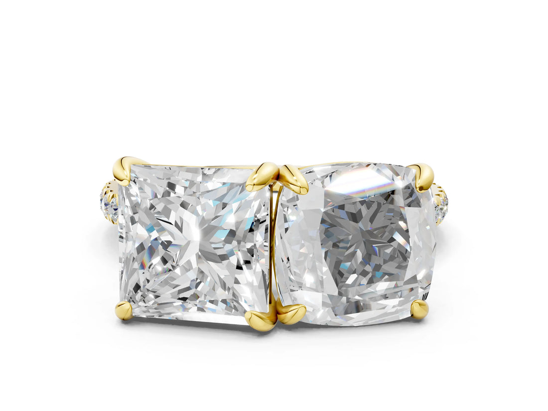 Yellow gold Cushion and Princess Toi Moi Ring with Prong Setting and Pave Band_69