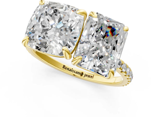 Yellow gold Cushion and Radiant Toi Moi Ring with Prong Setting and Pave Band