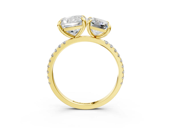 Yellow gold Cushion and Radiant Toi Moi Ring with Prong Setting and Pave Band