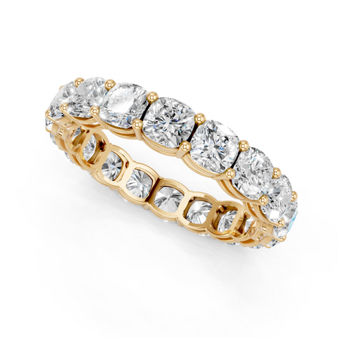 Yellow gold Cushion cut diamond Eternity Band with Shared Prong Setting