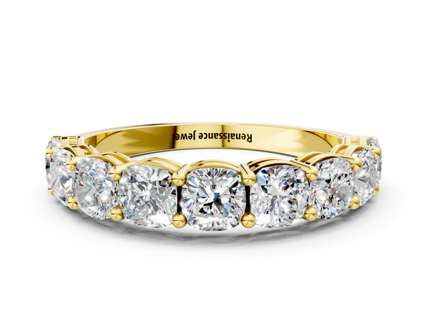 Yellow gold Cushion cut diamond Half Eternity Band with Shared Prong Setting
