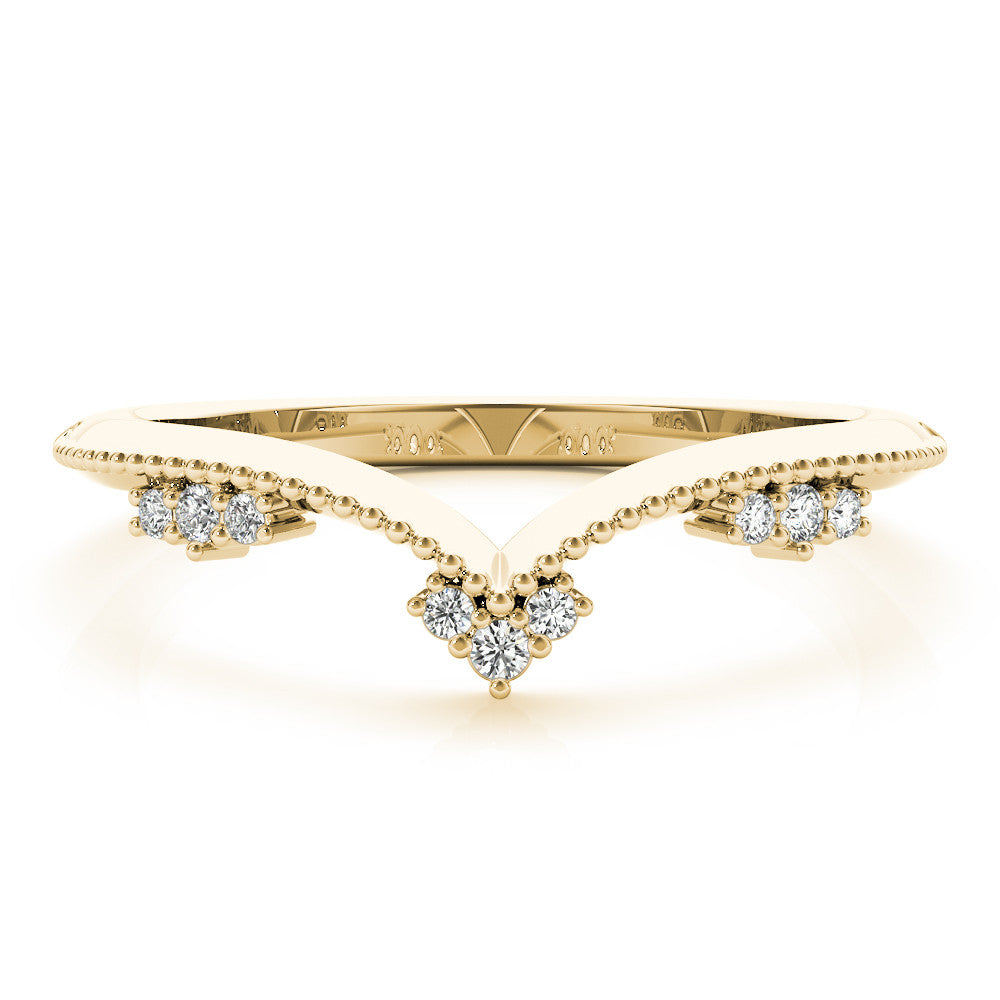 Yellow gold Diamond Chevron Milgrain Band with Round Cut Stones and Prong Setting 1