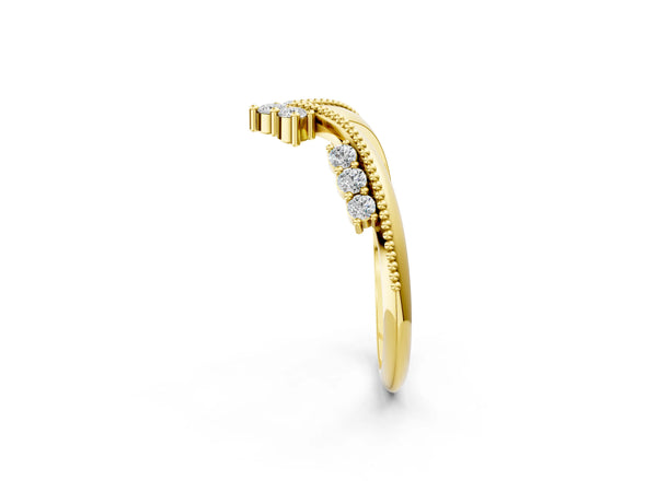 Yellow gold Diamond Chevron Milgrain Band with Round Cut Stones and Prong Setting