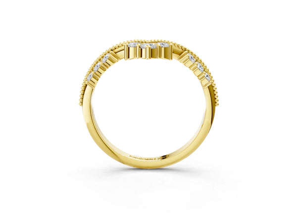 Yellow gold Diamond Chevron Milgrain Band with Round Cut Stones and Prong Setting