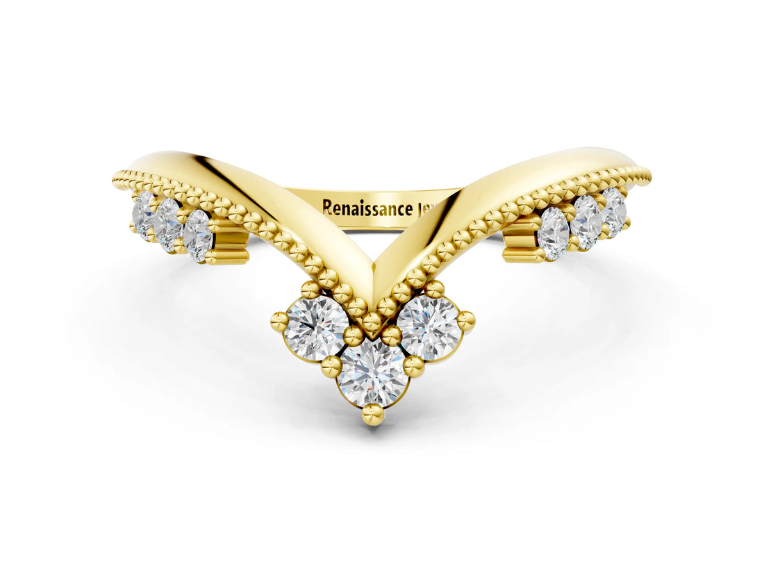 Yellow gold Diamond Chevron Milgrain Band with Round Cut Stones and Prong Setting_9