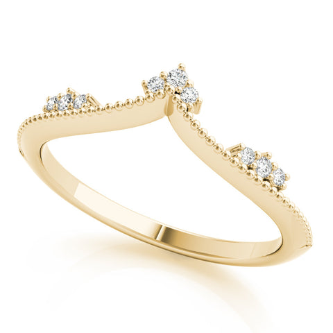 Yellow gold Diamond Chevron Milgrain Band with Round Cut Stones and Prong Setting