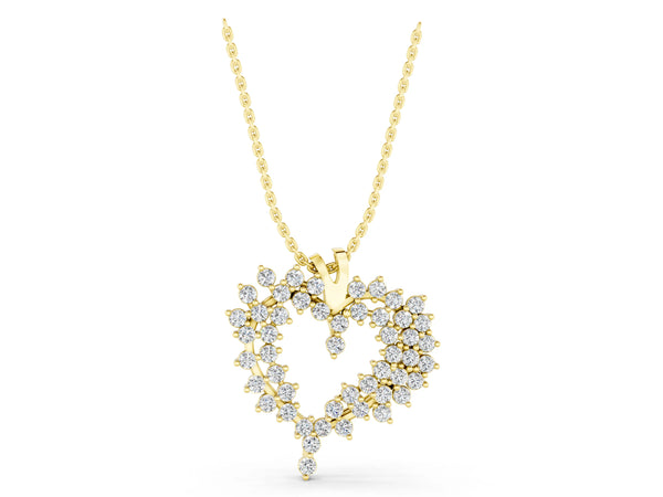 Yellow gold Diamond Cluster Heart Pendant with Round Brilliant Cut Stones and Prong Setting