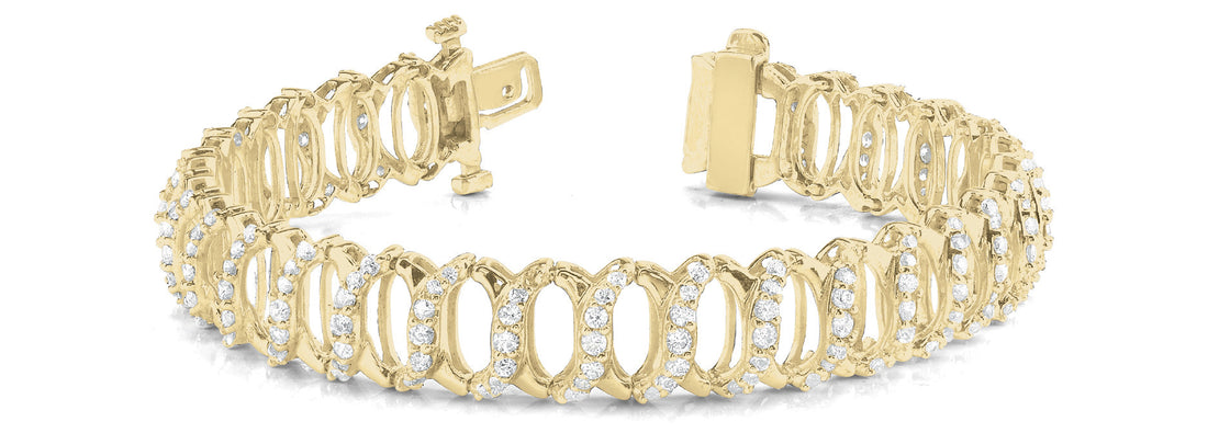 Yellow gold Diamond Oval Link Tennis Bracelet with Round Cut Stones and Shared Prong Setting
