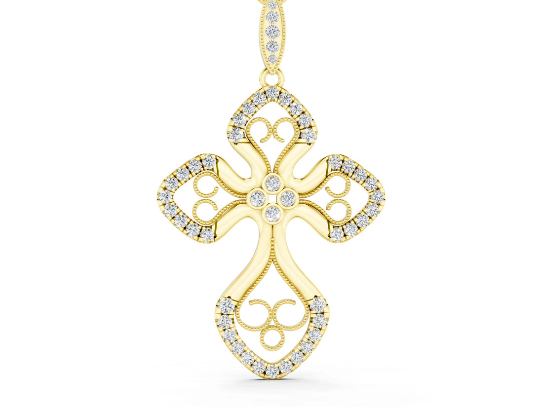 Yellow gold Diamond Pavé Round Milgrain Cross Pendant_45