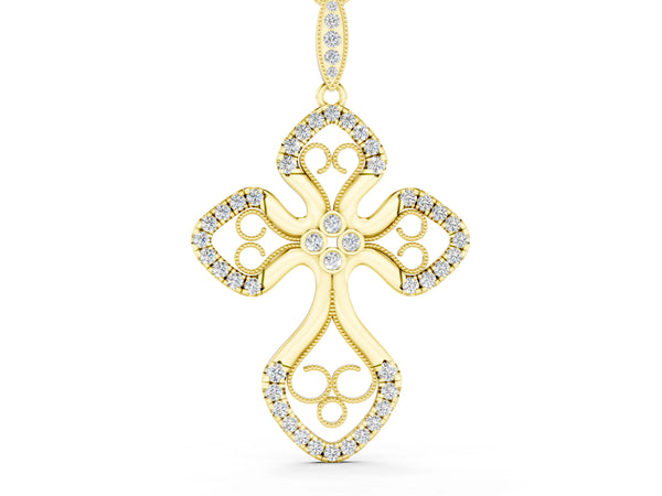 Yellow gold Diamond Pavé Round Milgrain Cross Pendant