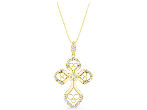Yellow gold Diamond Pavé Round Milgrain Cross Pendant
