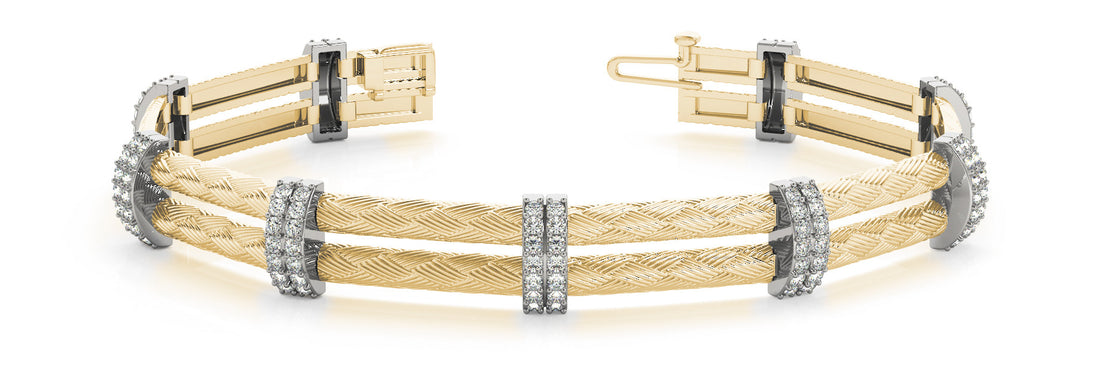 Yellow gold Diamond Pavé Round Stone Braided Band Bracelet with Prong Setting
