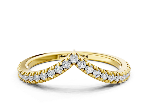 Yellow gold Pavé Round Diamond V-Shaped Chevron Band with Shared Prong Setting