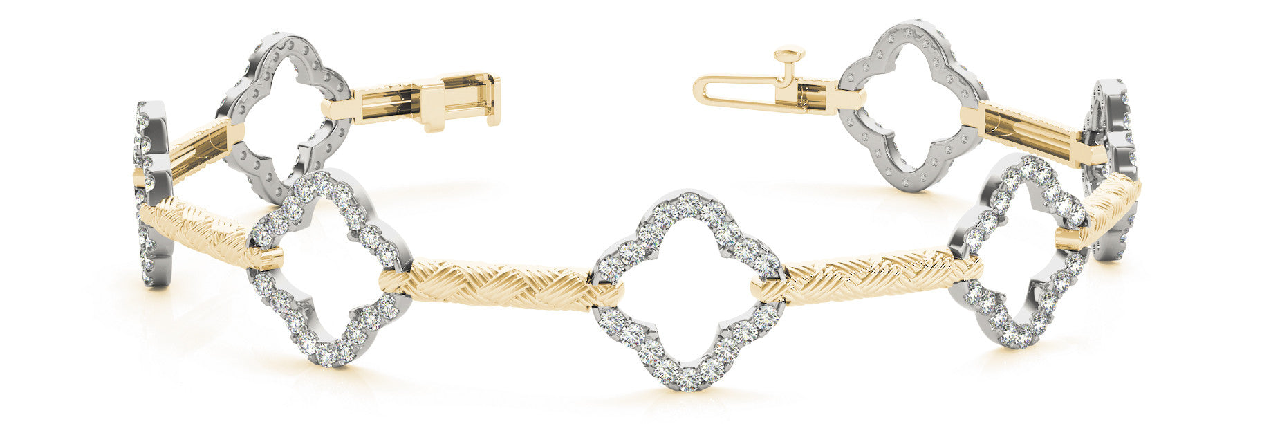 Yellow gold Diamond Pave Clover Link Bracelet with Round Stones and Textured Band