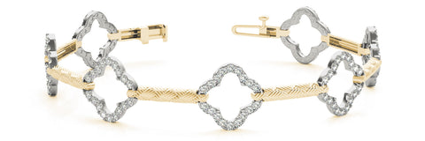 Yellow gold Diamond Pave Clover Link Bracelet with Round Stones and Textured Band