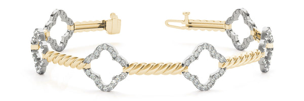 Yellow gold Diamond Pave Clover Twisted Band Bracelet with Prong Setting