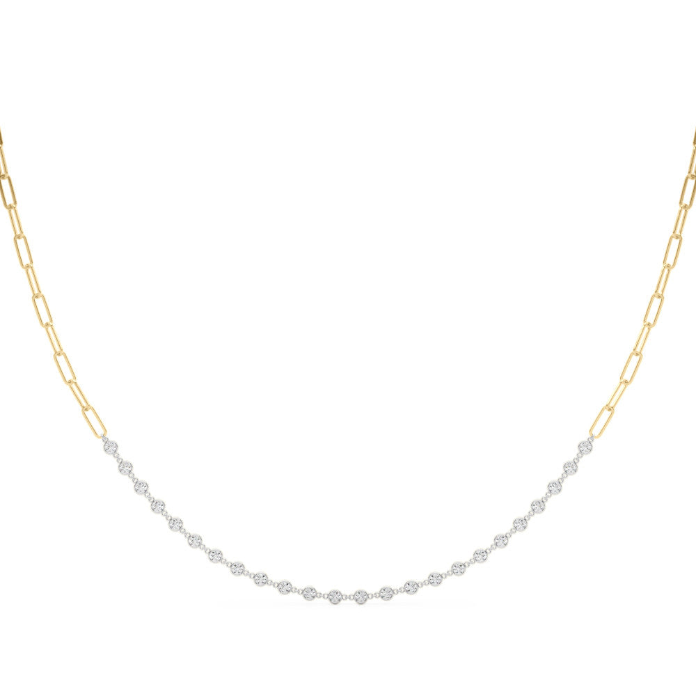 Yellow gold Diamond Round Stone Paperclip Chain Necklace with Bezel Setting