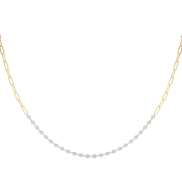 Yellow gold Diamond Round Stone Paperclip Chain Necklace with Bezel Setting