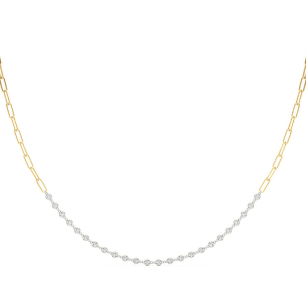 14K Yellow Gold 1.12 Carat E VS Diamond Round Stone Paperclip Chain Necklace with Bezel Setting