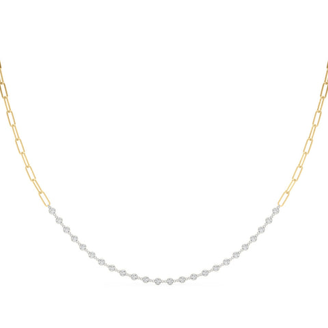 Yellow gold Diamond Round Stone Paperclip Chain Necklace with Bezel Setting