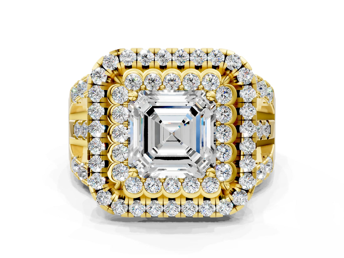Yellow gold Double Halo Asscher Cut Diamond Split Shank Pave Set Ring_3