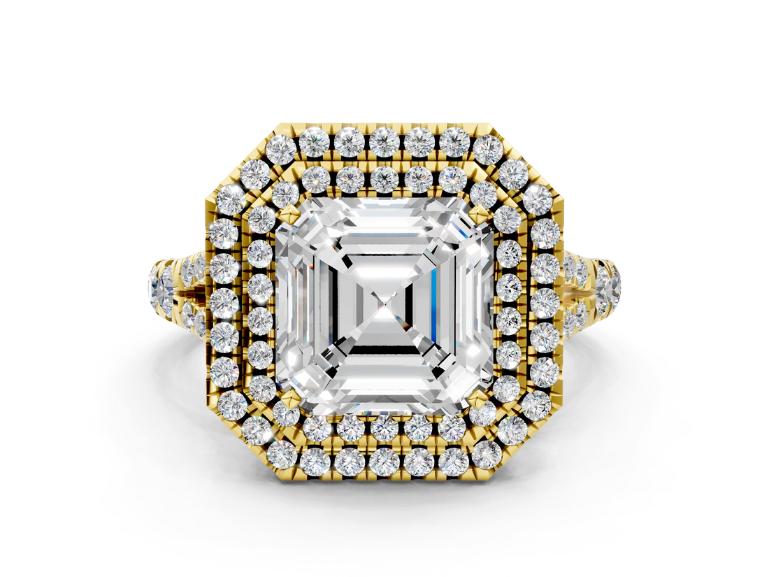 Yellow gold Double Halo Asscher Cut Diamond Split Shank Ring with Four Prong Setting_8