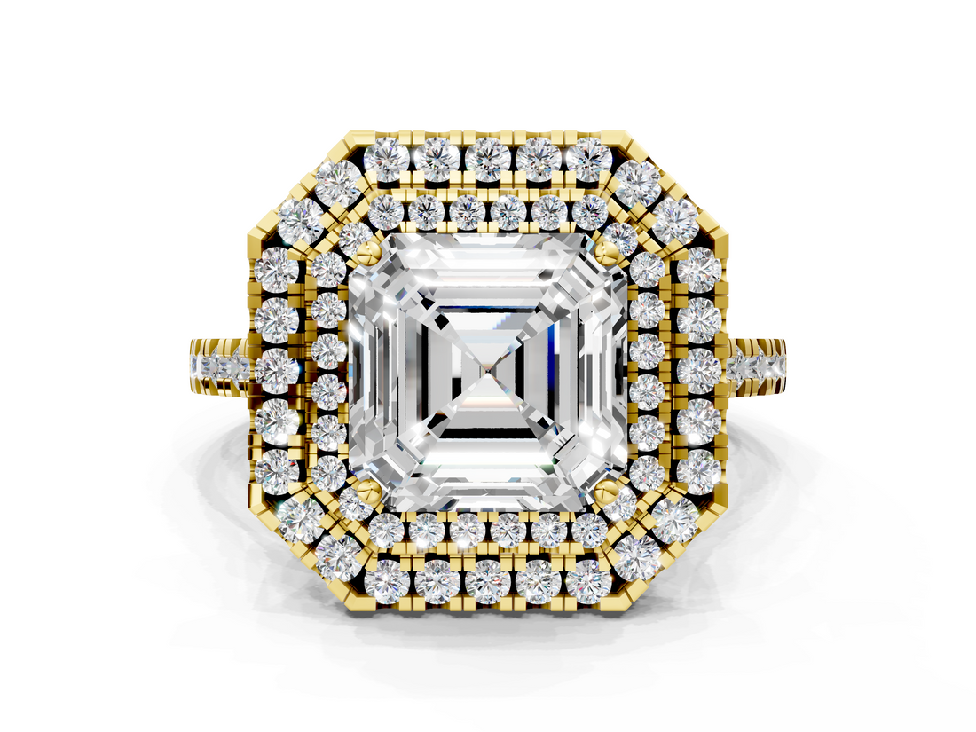Yellow gold Double Halo Asscher Diamond Pave Band with Four-Prong Setting_4