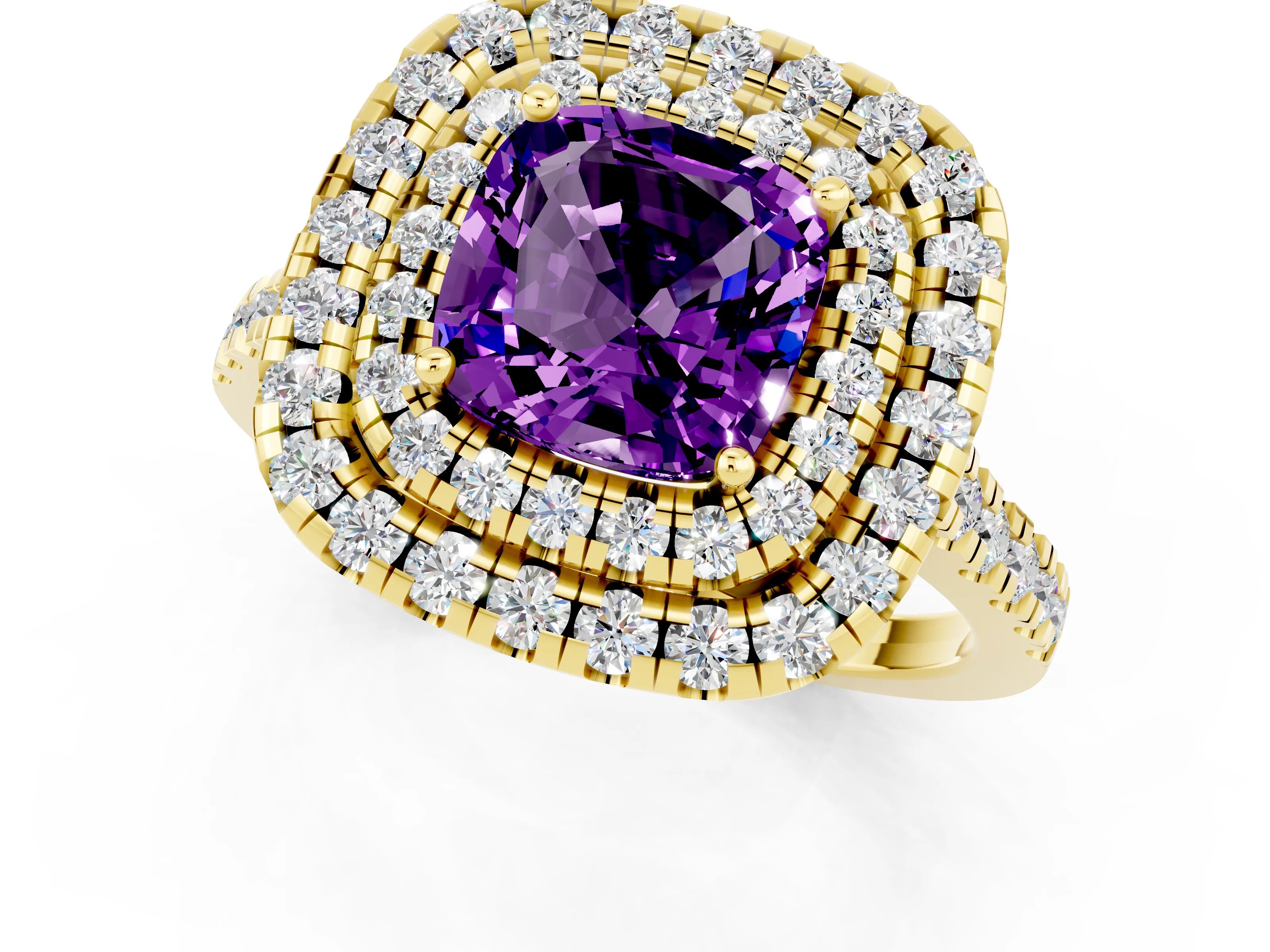 Yellow gold Double Halo Cushion Cut Amethyst Pavé Band with Four-Prong Setting_1