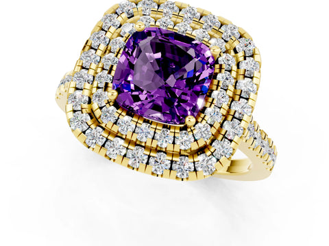 Yellow gold Double Halo Cushion Cut Amethyst Pavé Band with Four-Prong Setting_1