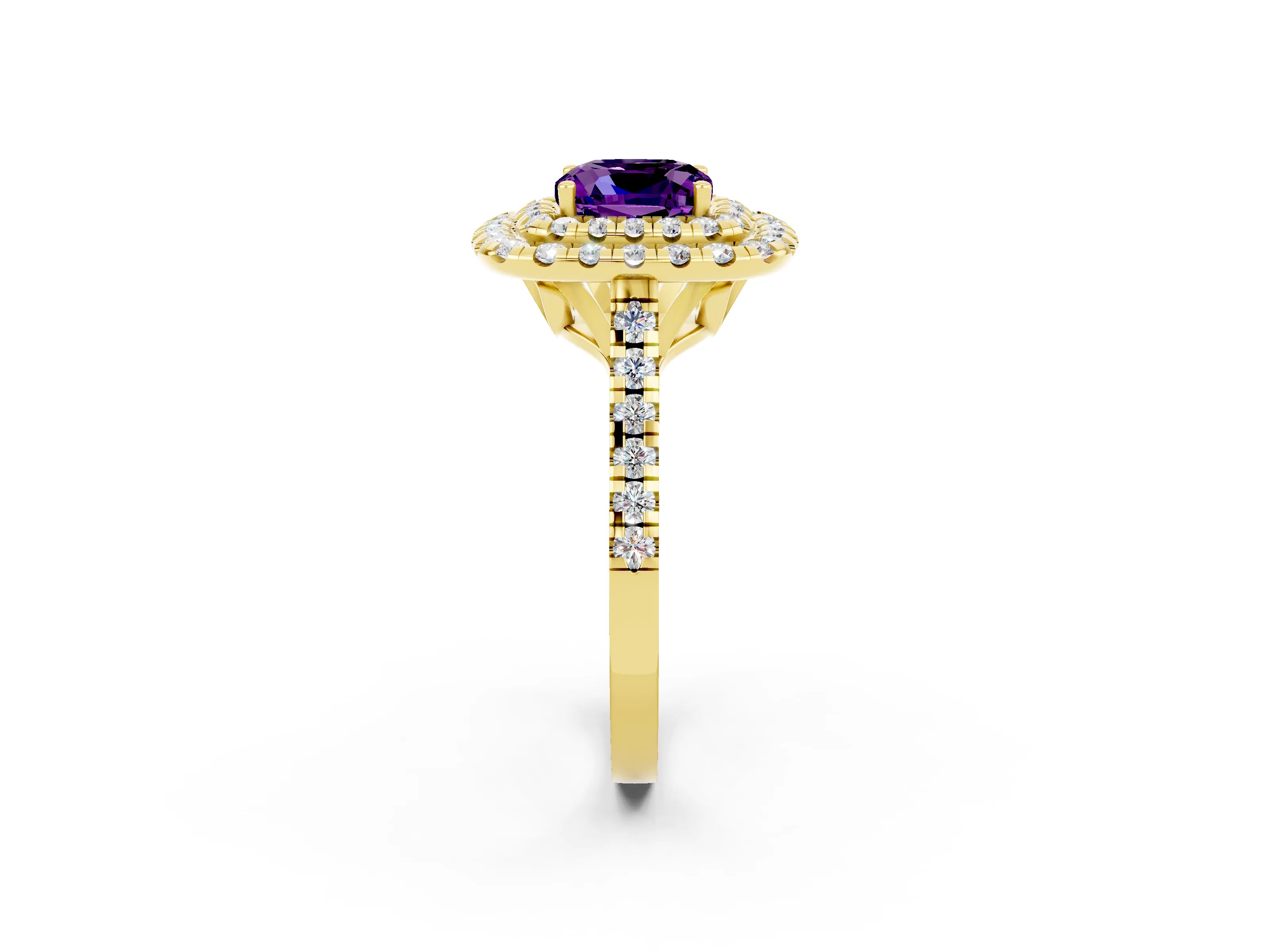 Yellow gold Double Halo Cushion Cut Amethyst Pavé Band with Four-Prong Setting_2