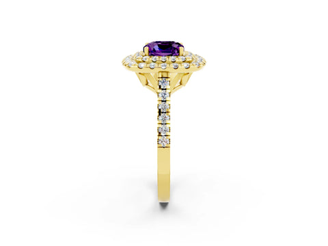 Yellow gold Double Halo Cushion Cut Amethyst Pavé Band with Four-Prong Setting_2