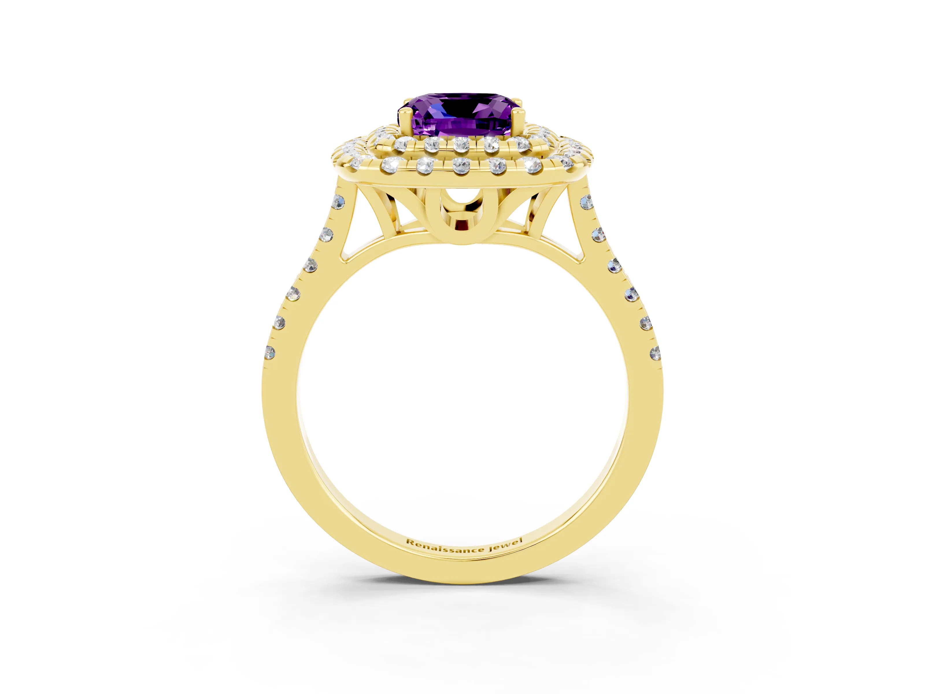 Yellow gold Double Halo Cushion Cut Amethyst Pavé Band with Four-Prong Setting_3