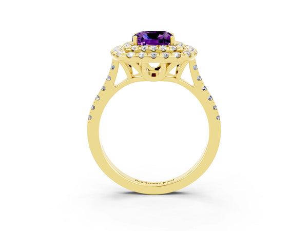 Yellow gold Double Halo Cushion Cut Amethyst Pavé Band with Four-Prong Setting