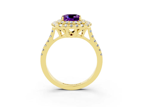 Yellow gold Double Halo Cushion Cut Amethyst Pavé Band with Four-Prong Setting_3