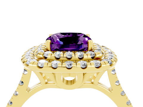 Yellow gold Double Halo Cushion Cut Amethyst Pavé Band with Four-Prong Setting_4