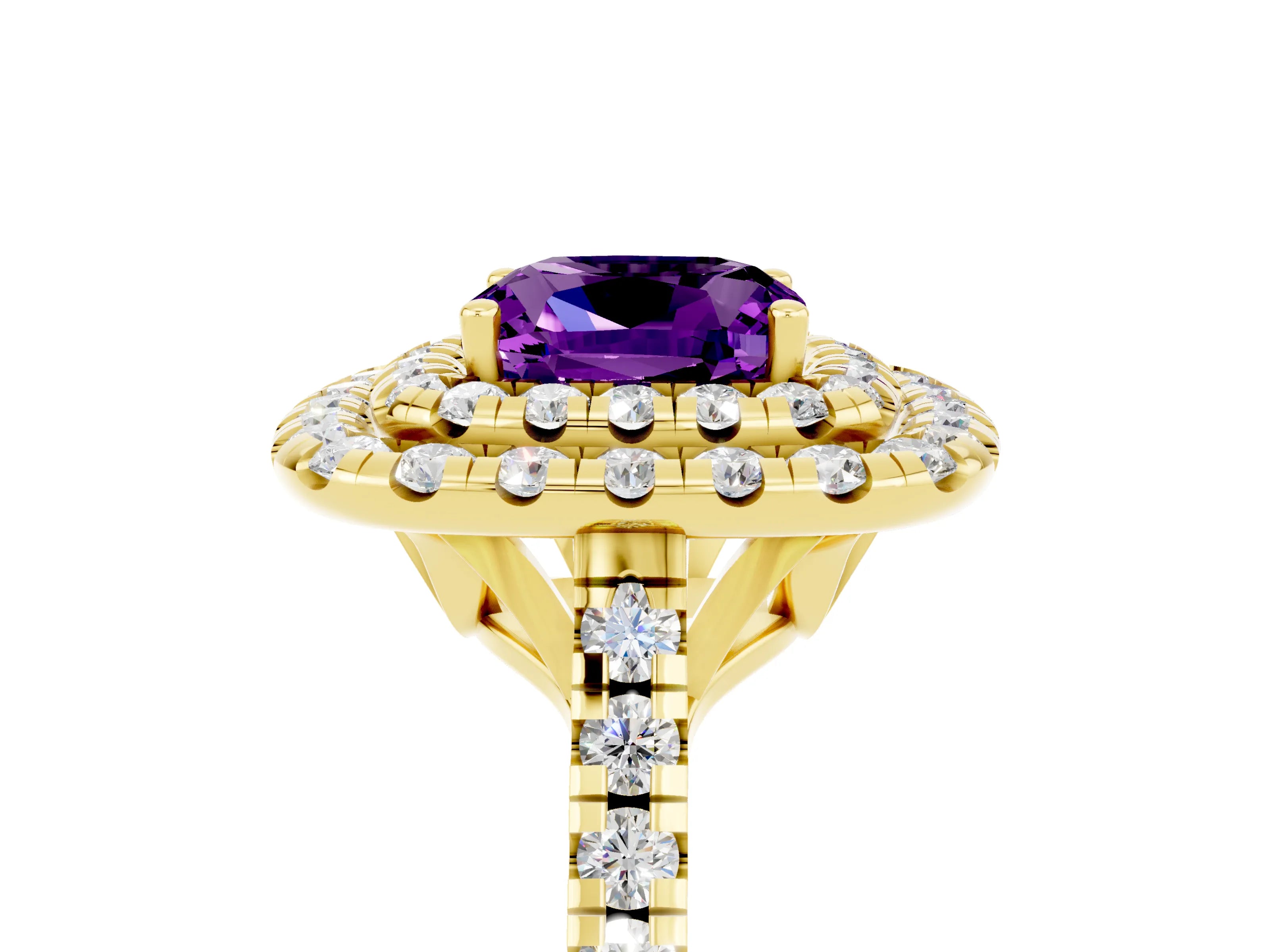 Yellow gold Double Halo Cushion Cut Amethyst Pavé Band with Four-Prong Setting_5