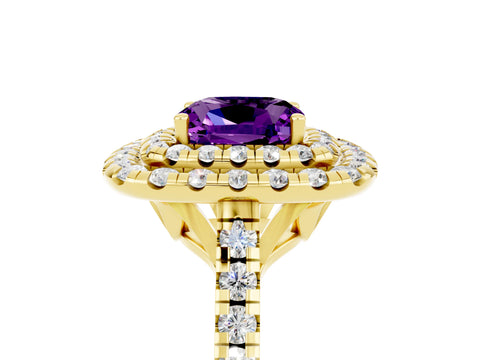 Yellow gold Double Halo Cushion Cut Amethyst Pavé Band with Four-Prong Setting_5
