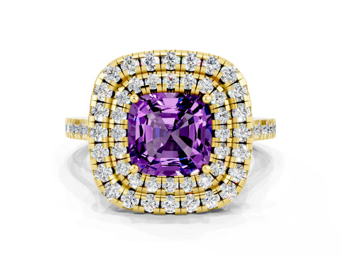 Yellow gold Double Halo Cushion Cut Amethyst Pavé Band with Four-Prong Setting