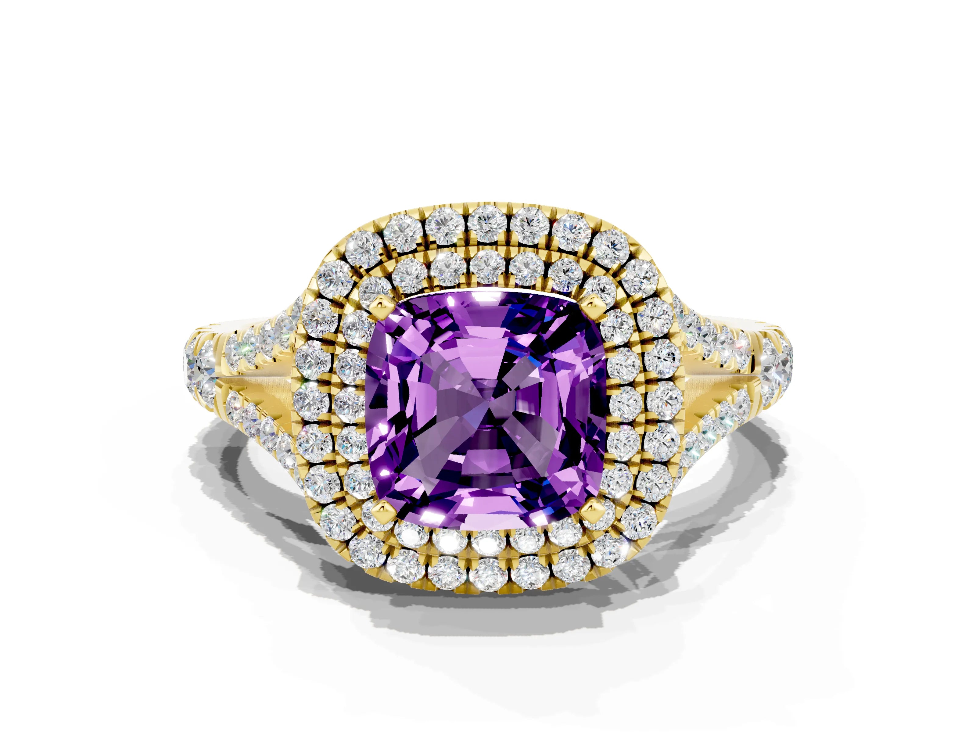 Yellow gold Double Halo Cushion Cut Amethyst Pavé Split Shank Ring with Prong Setting
