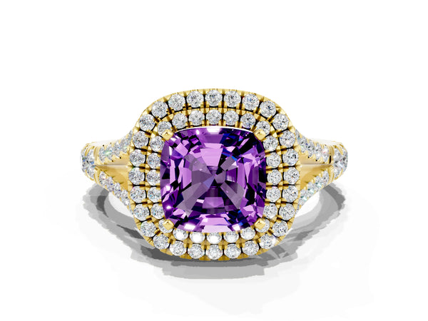 Yellow gold Double Halo Cushion Cut Amethyst Pavé Split Shank Ring with Prong Setting